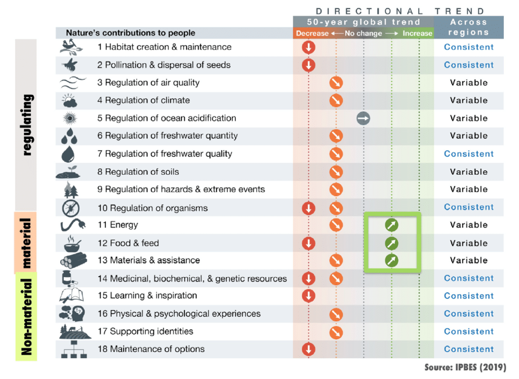 Figure 1- Services rendus par la nature à la société (IPBES, 2019).